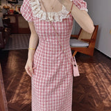Korean Version Of The Red Lattice Dress Women's Summer New Small Man Looks Unique Beautiful Lace Dress