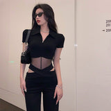 Tide Design Perspective Mesh Splicing Short-Sleeved T-Shirt Girl Summer Hottie Sexy Slimming Body-In-Comn Top