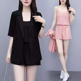 Large-Size Women's Summer New Meat-Covery Temperament Sling Suit Suit Jacket With Thin Shorts Three-Piece Set