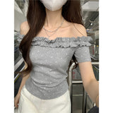 Sexy Pure Desire A Word Shoulder Collared Ears In The Ear Of The Wave Point Short-Sleeved T-Shirt Girl Summer Hottie Cut-Down Top Girl T