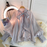 French Bow Shirt Female Design Sense Of Small Pure Style Hottie Chic Bubble Long Sleeve Top