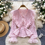French Name Lace Splicing Doll Collar Horn Lace Lace Truss Lace Truss Truss Tucked Single Buckle Thin Sleeve Shirt