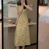 2025 Cherry Grass Yellow Summer Flower Thin High French Style Collar Small Flying Sleeve Temperament Gentle Broken Flower Long Dress