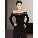 Spice Girls Sexy Mesh Splicing A Word Shoulder Long-Sleeved T-Shirt Girl Spring New Slimming Inside A Niche Top