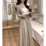 [Snow] Gentle Atmosphere Feel Lace V-Neck Knitted Dress Women Autumn Waist Thin A Long Dress