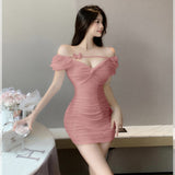 Designing A Small-Sized Bow A Word Shoulder Dress Women Summer Pure Hot Girl Temperament Short-Sleeved Butbuse Short Skirt