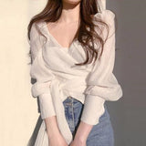 Spring 2025 New Design Small White Long-Sleeved Shirt Women V Collar Folds To Collect The Waist Pure Top