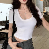 Ins Pure-Breining Style Short Sleeves And U-Necked Short-Sleeved T-Shirt Women's Collarbone Low-Chest Short-Sleeved Topess