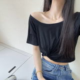 Beauty Talent Gray Kinky Design Slanted Shoulder Embody Short Sleeve T-Shirt Shorts Pure Hot Girl Top