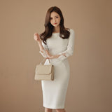 2026 Autumn Dress New Temperament Lace Splicing Dress Dress Dress Seven-Sleeve Body-Body-Suited Dress Dress Woman