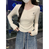 Korean Version Of Small Embroidery Shoulder Long Sleeve Bottom Shirt Women's 2026 Early Autumn Button U Neck T-Shirt Milk Blue Top