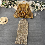 Yu Sister High-End Oceanic Suit Female Fashion Famous Woman To Collect Waist Lotus Leaves Side Folding Top + High-Waisted Lewd Lewd Half-Dress