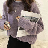 Solid Color Soft Languid Breeze Cover Head Sweater Autumn And Winter New Loose Round Collar Thick Knitted Shirt Wear