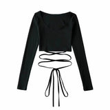 Roal Tie With Jersey Long-Sleeved Women's Clothing 2025 New Solid Color Round Collar T-Shirt Girl