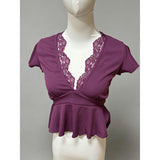 Fashion Sexy Hottie Temperament V-Neck Short-Sleeved T-Shirt Girl Spring And Autumn New Slimming Inner Lace Splicing Top