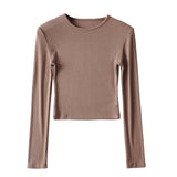 Hottie High Elastic Short Small Neck-Up T-Shirt Exposed Belly Button-Button Tight Bottom Shirt