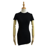 Pure Round Collar Under The Frame Short Sleeve Side Open Wrinkle Blouse Waist T-Shirt Long Bottoming Shirt Is Thin