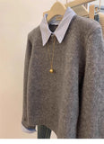 KANING Gray Fake Two-Piece Knitted Jersey Woman 2026 Autumn New Polo Collar Long-Sleeved Sweater Inside