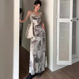 Sexy Ink Painting Dizzling Sling V-Neck Dress Women Summer Retro Style Dew Temperament H-Shaped Long Dress