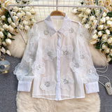 High-End Oceanic Heavy Industry Nail Pearl Sclins Stereo-Flower Shirt Women 2025 Spring Dress New Perspective Netɴ French Top