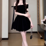 French Word Shoulder-To-Shoulder Black Dress Women's New Summer Hepburn Style Beautiful Pony Buds Short Skirt