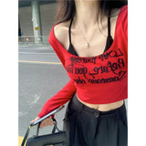 Vintage Sweet Babes Red Long-Sleeved T-Shirts For Autumn And Winter New Letters Slimming Inside A Short Top