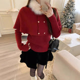 KANING New Year Red Sweater Furry Collared Woman Winter Cloak Shawl Long-Sleeved Bottom Knitted Two Sets Of Women