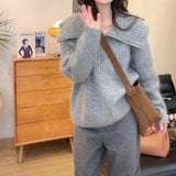 Kaning Solid Color Big Collar Pit Striped Sweater Women 2026 Autumn And Winter New Lazy Half Zipper Knitted Shirt Tide