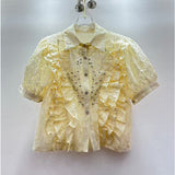 Heavy Industry Nail Beads Diamond Glide Design Sweet Wood Ear Lace Splicing Hook Hollow Short Lace Shirt Woman