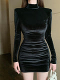 Korean Version Of The Fashion Half-High Collar Gold Velvet Dress Women Autumn Pure Desire Hot Girl Sexy Tight Inside The Ass Skirt