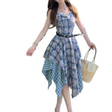 Blue Tie-Dye Splicing Lattice Sling Dress Femininity Summer Temperament Holiday Style Thin Irregular Long Skirt