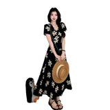 Vintage Lace V-Neck Broken Flower Short-Sleeved Dress Women's New Summer Waist Thin French A-Word Long Dress