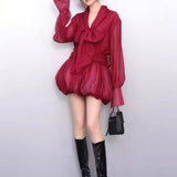 Ins Texture Soaked Yarn Deep V Collar Jellyfish Ponpon With Dress Gentle Lady New Shirt Dress