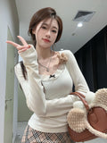 De-Velvet Bottom Warm Fake Two Lace Splicing Long-Sleeved Women's Top Autumn And Winter Slimming Bottom T-Shirt Girl Tide
