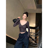 Korean Version Of Fashion Fashion Shoulder Long-Sleeved T-Shirt Women's New Winter Slim Slimming Niche Shirt Hottie Top