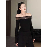 Spice Girls Sexy Mesh Splicing A Word Shoulder Long-Sleeved T-Shirt Girl Spring New Slimming Inside A Niche Top