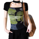 Black-Green Faint Dye Hanging Neck To Receive Waist Repair Slim Thin Short-Sleeved T-Shirt Women 2026 New Summer Design Feel Top