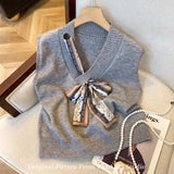 KANING Design-Sensitive Ribbon Bow V-Neck Vest Women's Autumn Soft-Gried Knitted Vest Korean Sleeveless Top