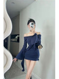 Sexy Hottie Purple Shoulder Dress Women Autumn Winter Design Tight Body Thin Ass Short Skirt