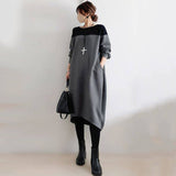 Export Japan And South Korea 2026 Autumn Loose Large-Size Round Collar Splicing Dress Women