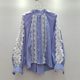 European Goods Spring New High-End Lightweight Design Lace Wood Ear Splicing Single Buckle Temperament Shirt