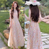 Temperament Sweet Wind Slings Broken Flowers V-Neck Dress Women Summer To Open Shoulders High A-Character Dress