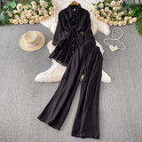 Gentle-Wind Pink Lace Spliced Lap-Over Shirt Long-Lens Waist Coat Two Sets Of High-Rise Thin Leg Pants