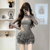 Sexy Solid Color Mesh Splicing Long-Sleeved High-Necked Cake Skirt Women's Spring High-Sensing French Banquet Dress Short Skirt