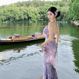 Sexy Pure Ambience Feeling Back Purple Dress Women Summer Slimming Tossed Fishtails Holiday Dress