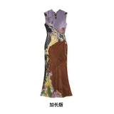 Street Wind Before And After Two Bumpy Color Printed Cheongsam Dress High-End Temperament Female Summer Bagged Hip Dress