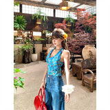 Vintage Hottie Sexy Broken Flower Hanging Neck Vest Women's Summer New Slim Slim Short Blouse