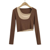 INS Spring/Autumn Irregular Colleal Slammed Two-Sleeved Set Of Women's U-Neck Solid Colored Long Sleeved T-Shirt