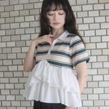 Multiplication Large Quantities Of Summer New Striped Splicing Stand-Up Women's Cotton Short-Sleeved Shirt Clip Cotton Top
