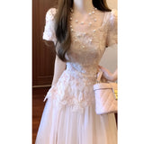 Temperament High Sense Of Thousands Of Gold Wind Pink Heavy Industry Mesh Splicing Dress With Flowers Threum 2026 Summer